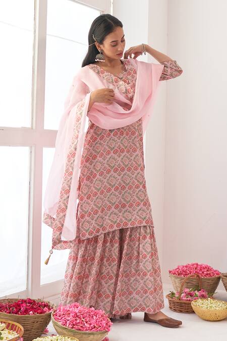 Buy_Negra Elegante_Pink Organza, Cotton Silk Digital Print, Mirror Work Peony Kurta Sharara Set_Online_at_Aza_Fashions