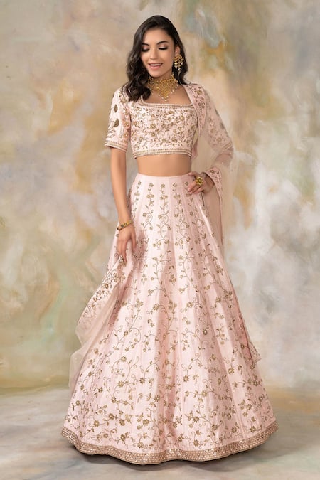 Pooja Peshoria_Peach Raw Silk Square Neck Embroidered Bridal Lehenga Set _Online_at_Aza_Fashions