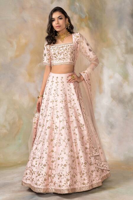 Buy_Pooja Peshoria_Peach Raw Silk Square Neck Embroidered Bridal Lehenga Set _Online_at_Aza_Fashions