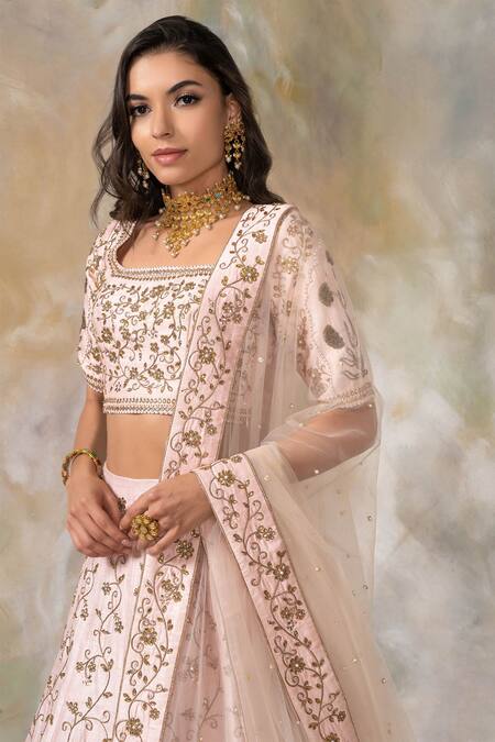 Shop_Pooja Peshoria_Peach Raw Silk Square Neck Embroidered Bridal Lehenga Set _Online_at_Aza_Fashions