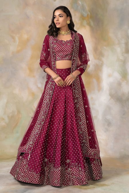 Pooja Peshoria Purple Raw Silk, Net Boat Embroidered Bridal Lehenga Set Online at Aza Fashions Pooja Peshoria_Purple Raw Silk, Net Boat Embroidered Bridal Lehenga Set _Online_at_Aza_Fashions
