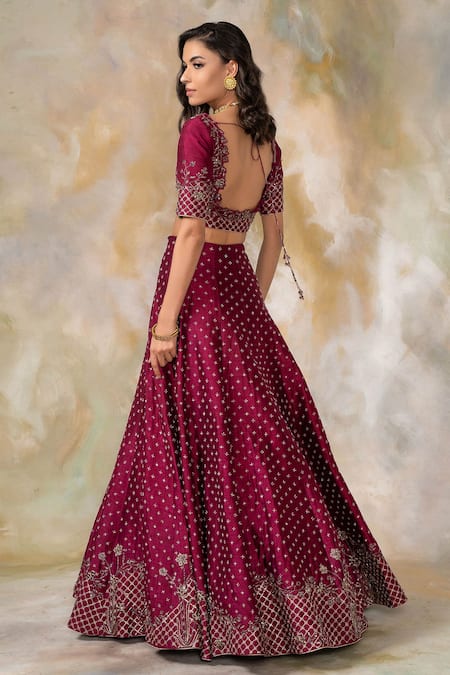 Shop Pooja Peshoria Purple Raw Silk, Net Boat Embroidered Bridal Lehenga Set at Aza Fashions Shop_Pooja Peshoria_Purple Raw Silk, Net Boat Embroidered Bridal Lehenga Set _at_Aza_Fashions
