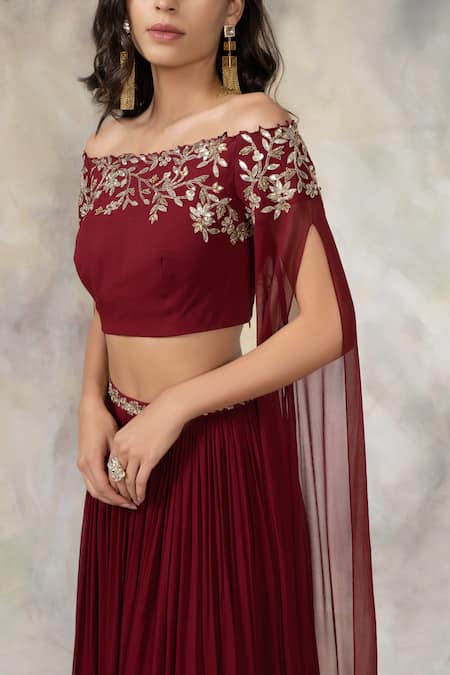 Maroon Lehenga In Crepe With Embroidery Detailing On The Waist And Bishop  Sleeved Crop Top Lehenga