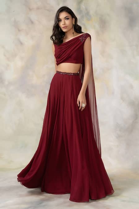 Pooja Peshoria_Maroon Net, Georgette Asymmetric Embellished Lehenga Set _Online_at_Aza_Fashions