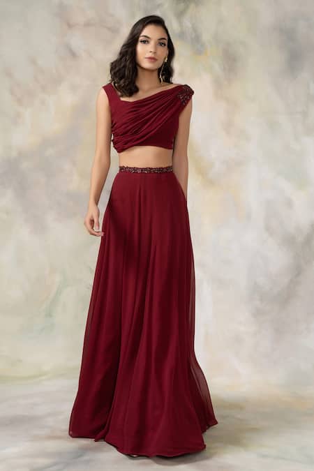 Shop_Pooja Peshoria_Maroon Net, Georgette Asymmetric Embellished Lehenga Set _Online_at_Aza_Fashions