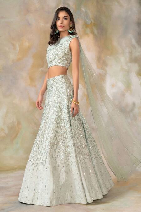 Pooja Peshoria Green Silk Asymmetric Embroidered One Shoulder Lehenga Set Online at Aza Fashions Pooja Peshoria_Green Silk Asymmetric Embroidered One Shoulder Lehenga Set _Online_at_Aza_Fashions