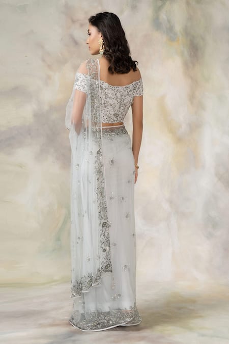 Shop Pooja Peshoria Blue Silk Sweetheart Neck Embroidered Saree With Off Shoulder Blouse at Aza Fashions Shop_Pooja Peshoria_Blue Silk Sweetheart Neck Embroidered Saree With Off Shoulder Blouse _at_Aza_Fashions
