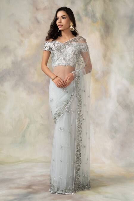 Pooja Peshoria Blue Silk Sweetheart Neck Embroidered Saree With Off Shoulder Blouse Online at Aza Fashions Pooja Peshoria_Blue Silk Sweetheart Neck Embroidered Saree With Off Shoulder Blouse _Online_at_Aza_Fashions