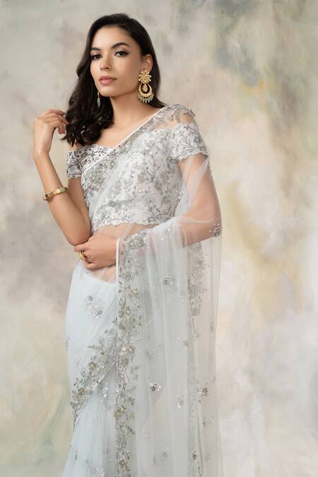 Buy Pooja Peshoria Blue Silk Sweetheart Neck Embroidered Saree With Off Shoulder Blouse Online at Aza Fashions Buy_Pooja Peshoria_Blue Silk Sweetheart Neck Embroidered Saree With Off Shoulder Blouse _Online_at_Aza_Fashions