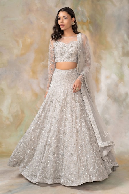 Pooja Peshoria Grey Silk Organza Boat Bridal Lehenga Set 