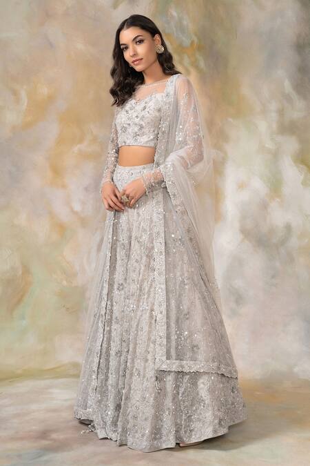 Pooja Peshoria Grey Silk Organza Boat Bridal Lehenga Set Online at Aza Fashions Pooja Peshoria_Grey Silk Organza Boat Bridal Lehenga Set _Online_at_Aza_Fashions
