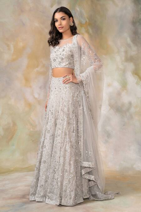 Buy Pooja Peshoria Grey Silk Organza Boat Bridal Lehenga Set Online at Aza Fashions Buy_Pooja Peshoria_Grey Silk Organza Boat Bridal Lehenga Set _Online_at_Aza_Fashions