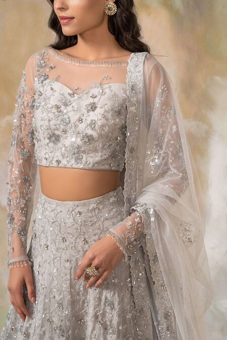 Pooja Peshoria Grey Silk Organza Boat Bridal Lehenga Set at Aza Fashions Pooja Peshoria_Grey Silk Organza Boat Bridal Lehenga Set _at_Aza_Fashions