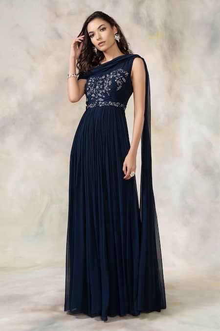 Pooja Peshoria_Blue Georgette Asymmetric Embellished One Shoulder Draped Gown_Online_at_Aza_Fashions