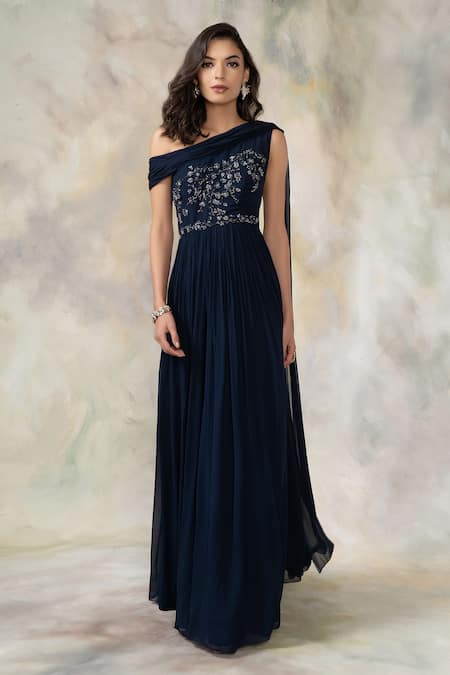 Buy_Pooja Peshoria_Blue Georgette Asymmetric Embellished One Shoulder Draped Gown_Online_at_Aza_Fashions