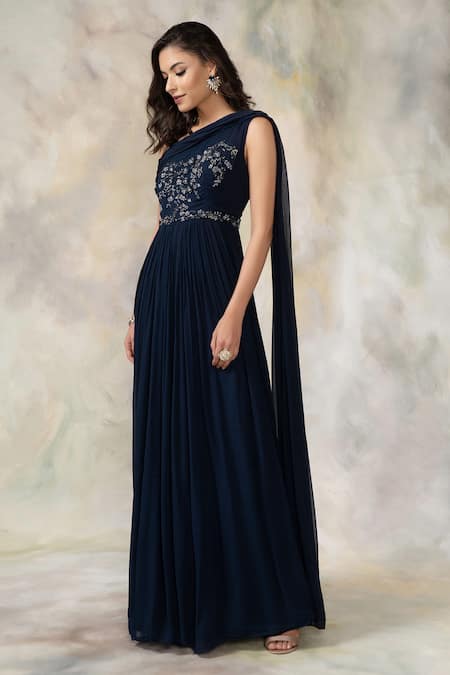 Shop_Pooja Peshoria_Blue Georgette Asymmetric Embellished One Shoulder Draped Gown_Online_at_Aza_Fashions