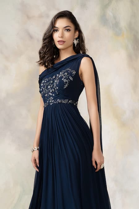 Pooja Peshoria_Blue Georgette Asymmetric Embellished One Shoulder Draped Gown_at_Aza_Fashions