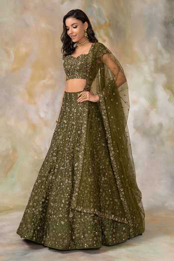 Pooja Peshoria Green Raw Silk, Net Sweetheart Neck Embellished Bridal Lehenga Set Online at Aza Fashions Pooja Peshoria_Green Raw Silk, Net Sweetheart Neck Embellished Bridal Lehenga Set _Online_at_Aza_Fashions