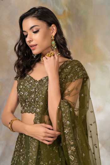Pooja Peshoria Green Raw Silk, Net Sweetheart Neck Embellished Bridal Lehenga Set at Aza Fashions Pooja Peshoria_Green Raw Silk, Net Sweetheart Neck Embellished Bridal Lehenga Set _at_Aza_Fashions