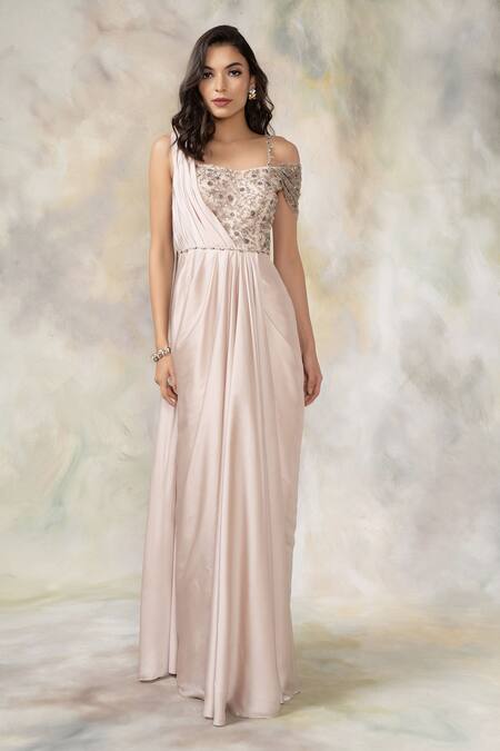 Buy_Pooja Peshoria_Beige Satin Asymmetric Embellished Saree Gown _Online_at_Aza_Fashions