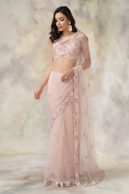 Pooja Peshoria_Pink Net Sweetheart Neck Embroidered Saree With Off Shoulder Blouse_Online_at_Aza_Fashions