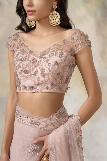 Shop_Pooja Peshoria_Pink Net Sweetheart Neck Embroidered Saree With Off Shoulder Blouse_Online_at_Aza_Fashions