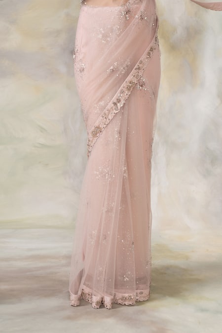 Pooja Peshoria_Pink Net Sweetheart Neck Embroidered Saree With Off Shoulder Blouse_at_Aza_Fashions