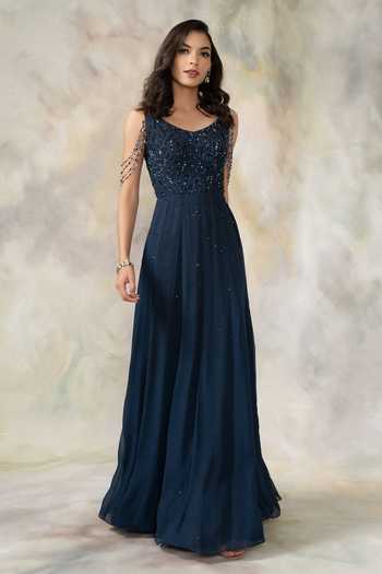 Pooja Peshoria Blue Net, Georgette V Neck Embroidered Anarkali With Dupatta Online at Aza Fashions Pooja Peshoria_Blue Net, Georgette V Neck Embroidered Anarkali With Dupatta _Online_at_Aza_Fashions