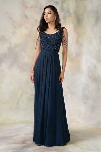 Buy Pooja Peshoria Blue Net, Georgette V Neck Embroidered Anarkali With Dupatta Online at Aza Fashions Buy_Pooja Peshoria_Blue Net, Georgette V Neck Embroidered Anarkali With Dupatta _Online_at_Aza_Fashions