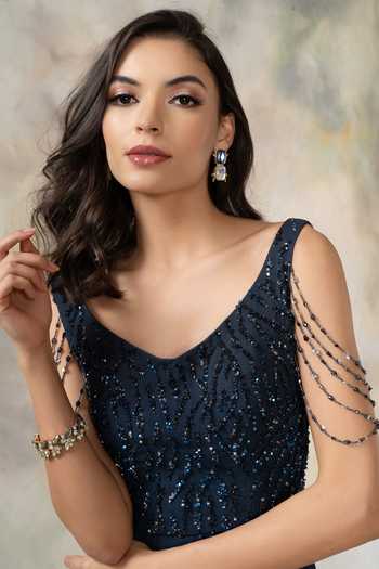 Shop Pooja Peshoria Blue Net, Georgette V Neck Embroidered Anarkali With Dupatta Online at Aza Fashions Shop_Pooja Peshoria_Blue Net, Georgette V Neck Embroidered Anarkali With Dupatta _Online_at_Aza_Fashions