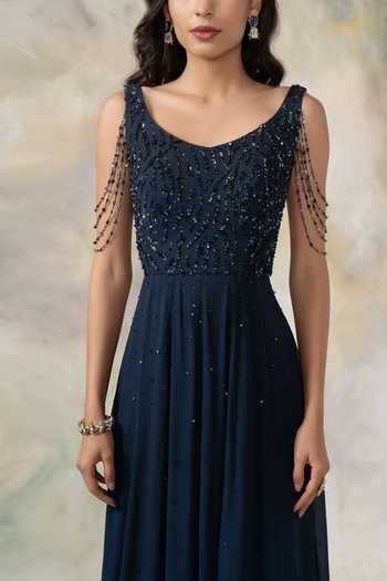 Pooja Peshoria Blue Net, Georgette V Neck Embroidered Anarkali With Dupatta at Aza Fashions Pooja Peshoria_Blue Net, Georgette V Neck Embroidered Anarkali With Dupatta _at_Aza_Fashions