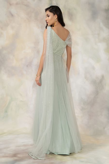 Pooja Peshoria Embellished One Shoulder Draped Gown 