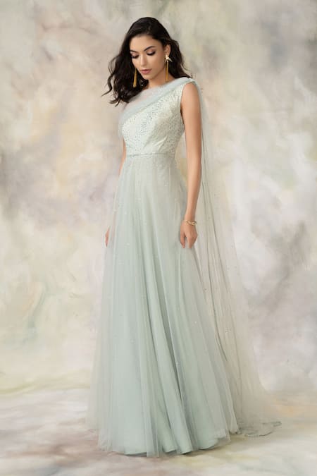 Pooja Peshoria Green Georgette Asymmetric Embellished One Shoulder Draped Gown Online at Aza Fashions Pooja Peshoria_Green Georgette Asymmetric Embellished One Shoulder Draped Gown _Online_at_Aza_Fashions