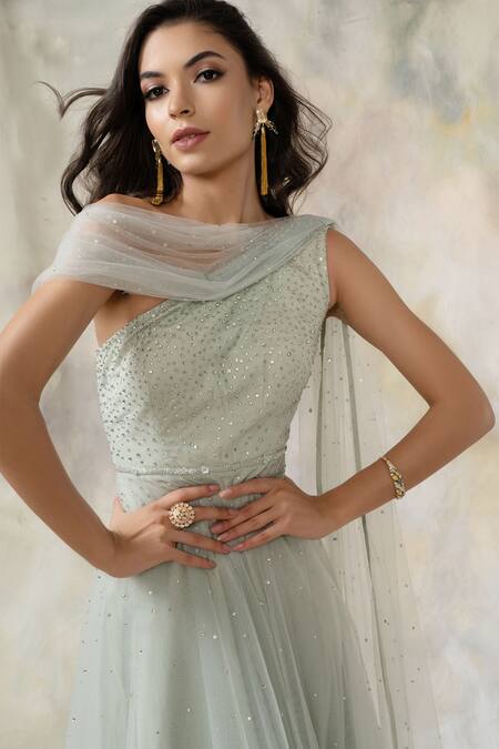 Buy Pooja Peshoria Green Georgette Asymmetric Embellished One Shoulder Draped Gown Online at Aza Fashions Buy_Pooja Peshoria_Green Georgette Asymmetric Embellished One Shoulder Draped Gown _Online_at_Aza_Fashions
