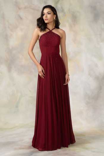 Pooja Peshoria Maroon Net, Georgette Halter Embellished Anarkali With Dupatta Online at Aza Fashions Pooja Peshoria_Maroon Net, Georgette Halter Embellished Anarkali With Dupatta _Online_at_Aza_Fashions