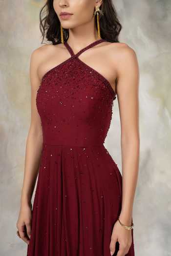 Shop Pooja Peshoria Maroon Net, Georgette Halter Embellished Anarkali With Dupatta Online at Aza Fashions Shop_Pooja Peshoria_Maroon Net, Georgette Halter Embellished Anarkali With Dupatta _Online_at_Aza_Fashions