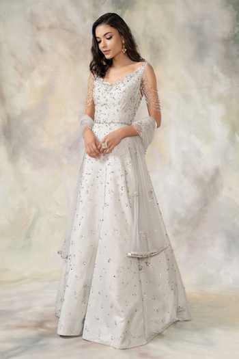 Pooja Peshoria Grey Net, Silk Habutai V Neck Embellished Anarkali With Dupatta Online at Aza Fashions Pooja Peshoria_Grey Net, Silk Habutai V Neck Embellished Anarkali With Dupatta _Online_at_Aza_Fashions