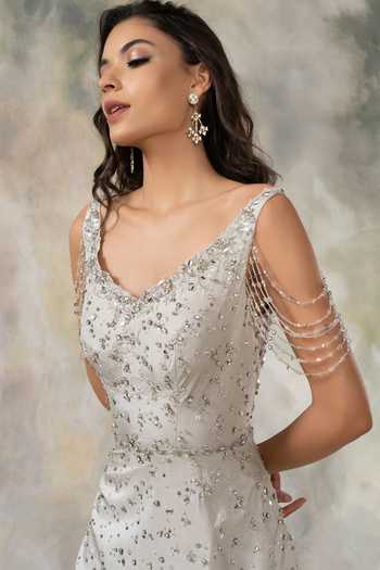 Shop Pooja Peshoria Grey Net, Silk Habutai V Neck Embellished Anarkali With Dupatta Online at Aza Fashions Shop_Pooja Peshoria_Grey Net, Silk Habutai V Neck Embellished Anarkali With Dupatta _Online_at_Aza_Fashions