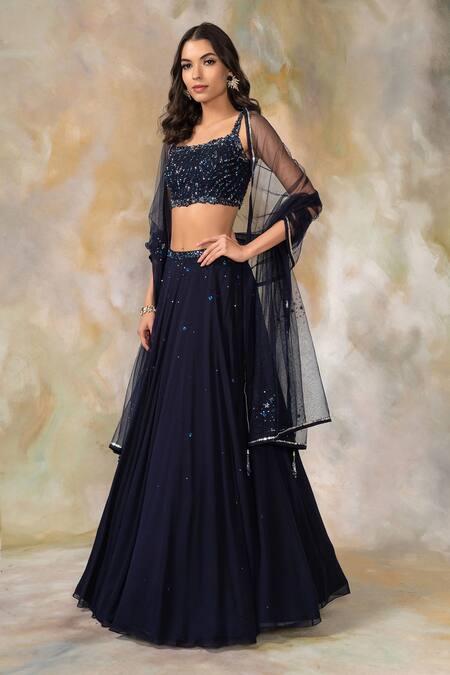 Pooja Peshoria_Blue Net, Georgette Square Neck Embellished Lehenga Set_Online_at_Aza_Fashions