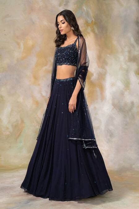 Buy_Pooja Peshoria_Blue Net, Georgette Square Neck Embellished Lehenga Set_Online_at_Aza_Fashions