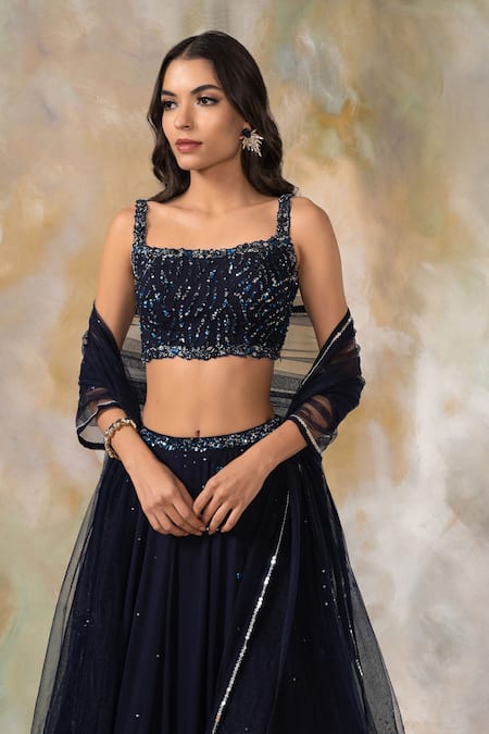 Shop_Pooja Peshoria_Blue Net, Georgette Square Neck Embellished Lehenga Set_Online_at_Aza_Fashions
