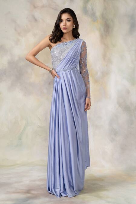 Pooja Peshoria_Purple Satin Asymmetric Embellished Saree Gown _Online_at_Aza_Fashions