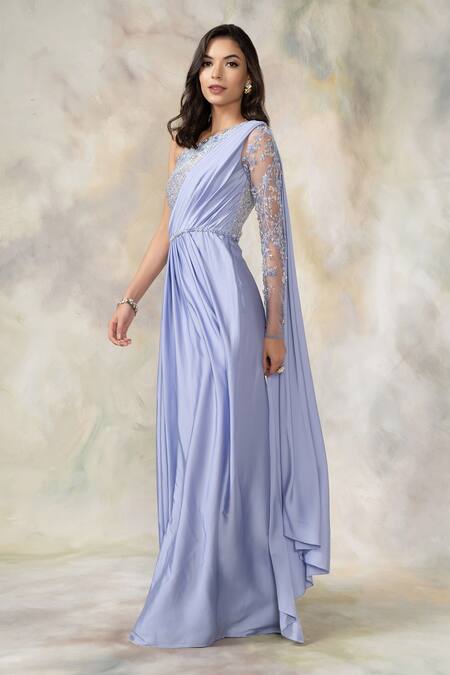 Buy_Pooja Peshoria_Purple Satin Asymmetric Embellished Saree Gown _Online_at_Aza_Fashions