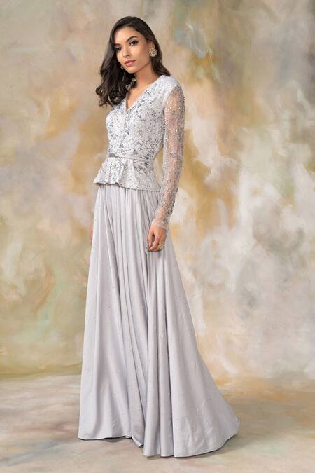 Pooja Peshoria_Grey Satin V Neck Embellished Peplum Top And Palazzo Set _Online_at_Aza_Fashions