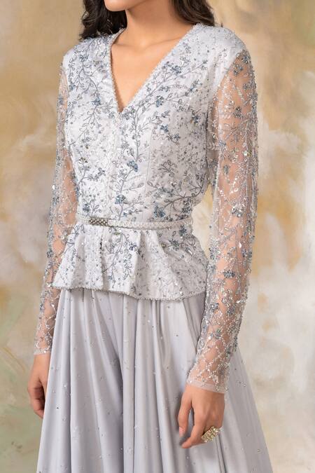 Shop_Pooja Peshoria_Grey Satin V Neck Embellished Peplum Top And Palazzo Set _Online_at_Aza_Fashions