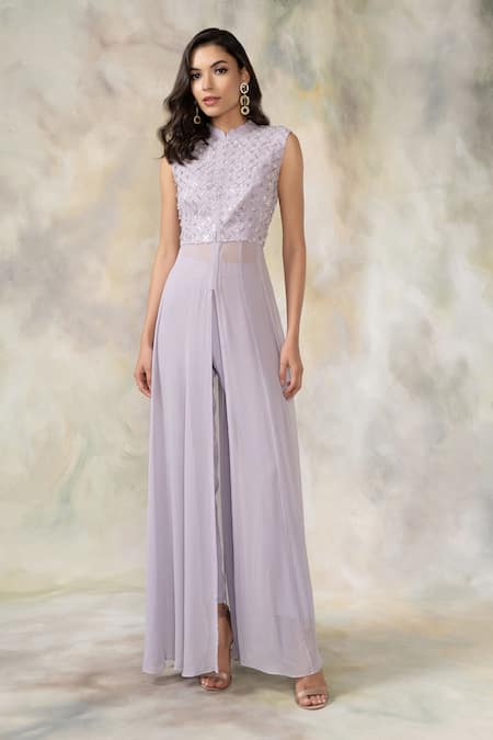 Pooja Peshoria_Purple Georgette Mandarin Collar Embellished Tunic Pant Set _Online_at_Aza_Fashions