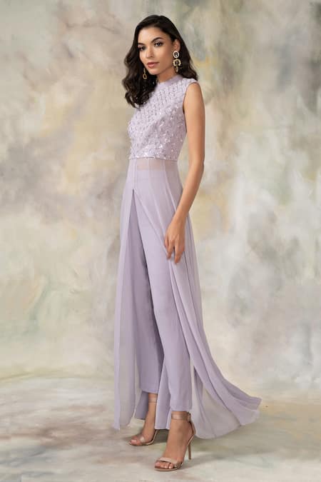 Buy_Pooja Peshoria_Purple Georgette Mandarin Collar Embellished Tunic Pant Set _Online_at_Aza_Fashions
