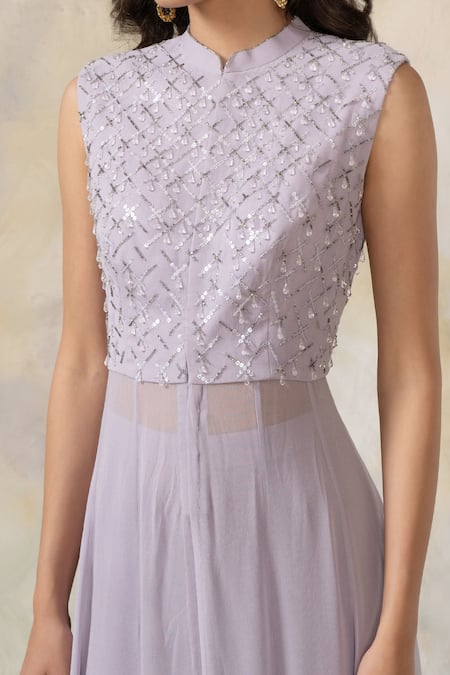 Shop_Pooja Peshoria_Purple Georgette Mandarin Collar Embellished Tunic Pant Set _Online_at_Aza_Fashions