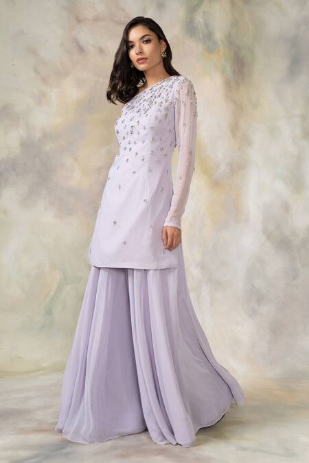 Pooja Peshoria_Purple Net Asymmetric Embellished One Shoulder Kurta Set _Online_at_Aza_Fashions