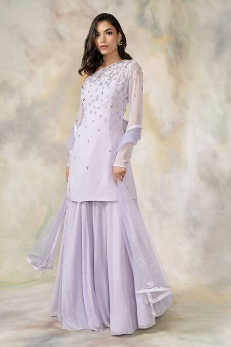 Buy_Pooja Peshoria_Purple Net Asymmetric Embellished One Shoulder Kurta Set _Online_at_Aza_Fashions